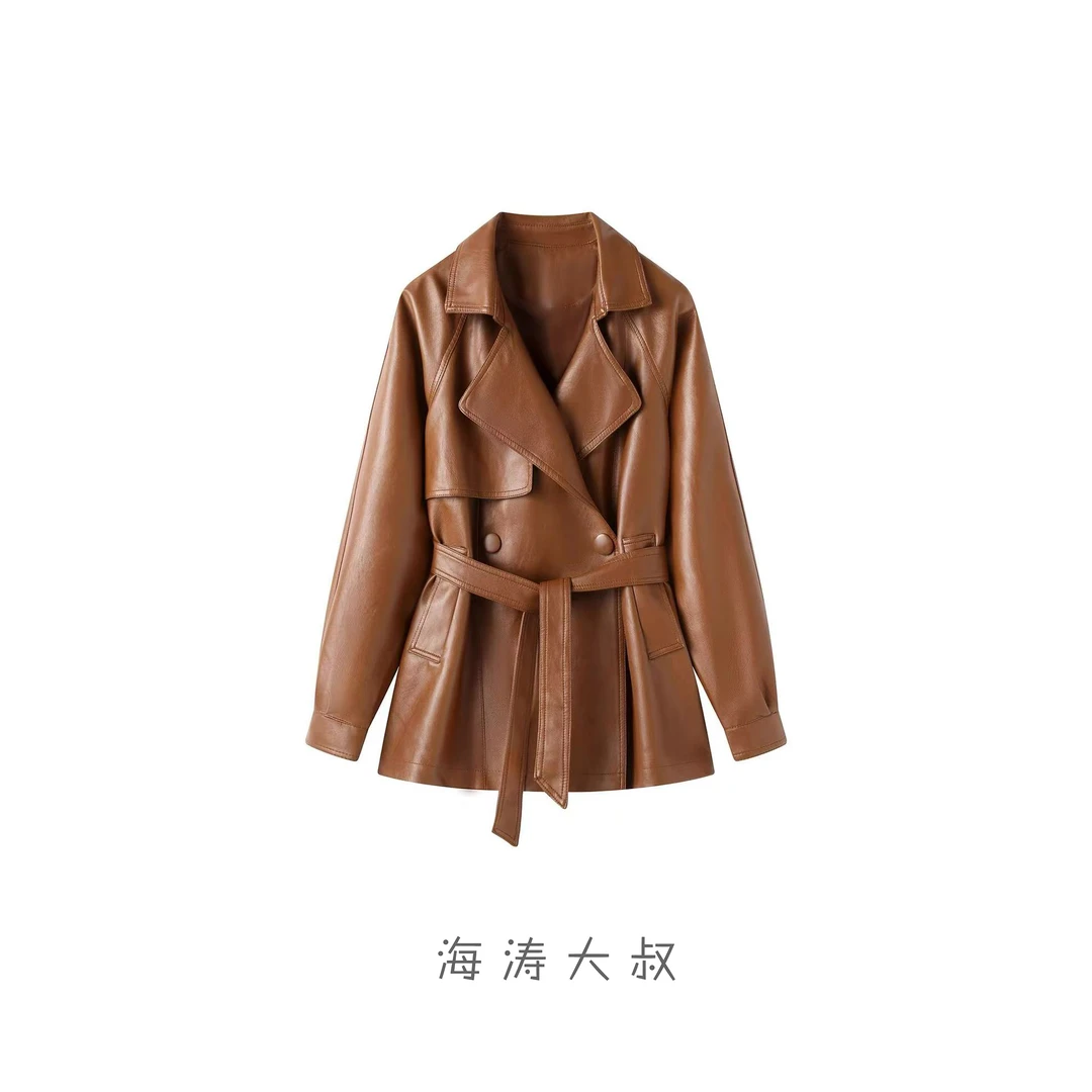 【海涛大叔】「都市魅影」翻领系带收腰PU皮衣外套