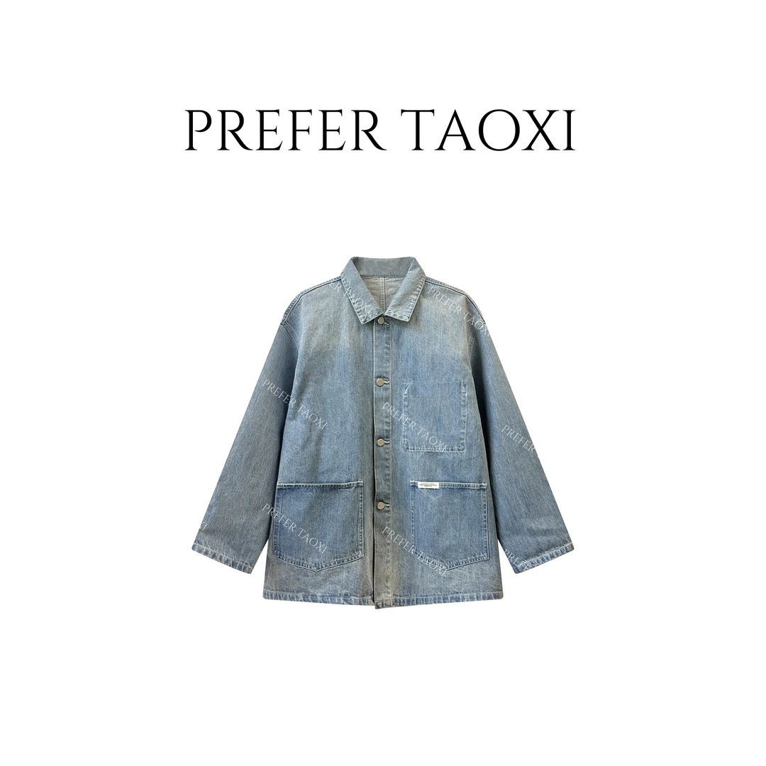 独特沙洗宽松中长牛仔外套