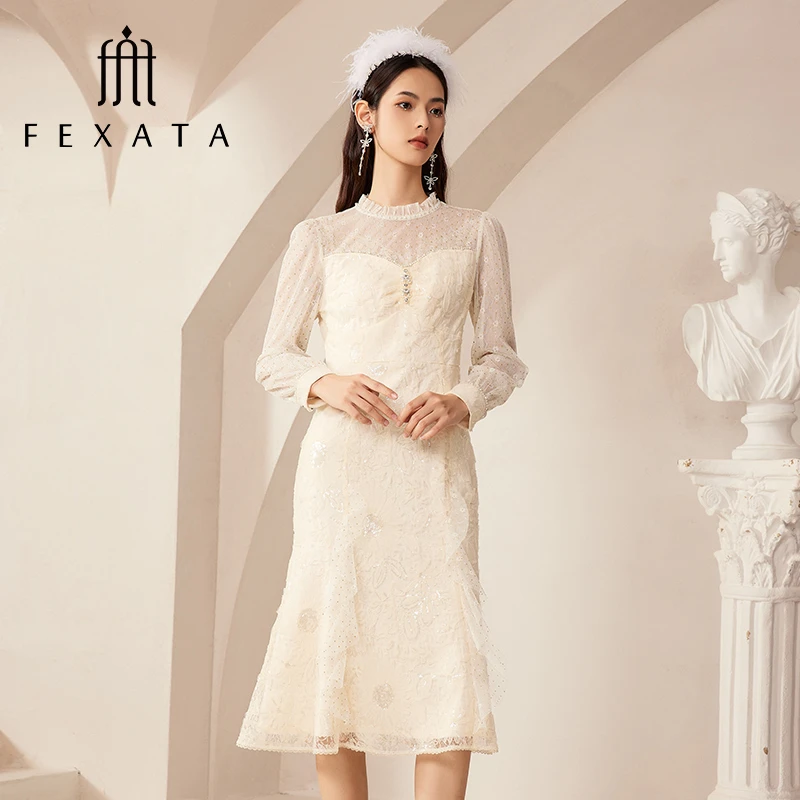 【诗语专属】FEXATA斐格思网纱鱼尾裙长袖浪漫蕾丝连衣裙