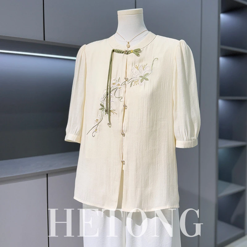 妈妈夏装新中式桑蚕丝衬衫2025新款中老年女夏季国风刺绣真丝上衣
