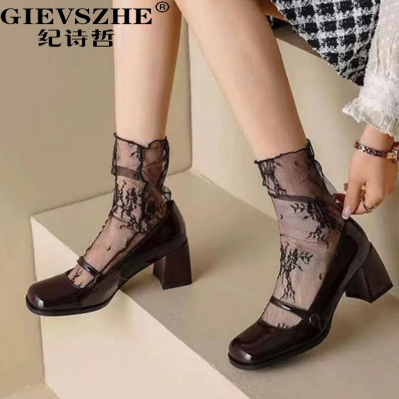 纪诗哲方头法式漆皮一字扣粗跟玛丽珍鞋女秋季新款复古高跟单鞋