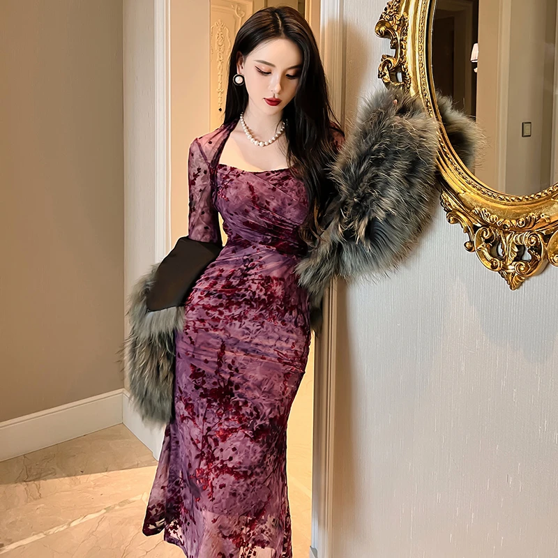 【十六大促】时尚高级气质显瘦印花鱼尾连衣裙气质女装30010