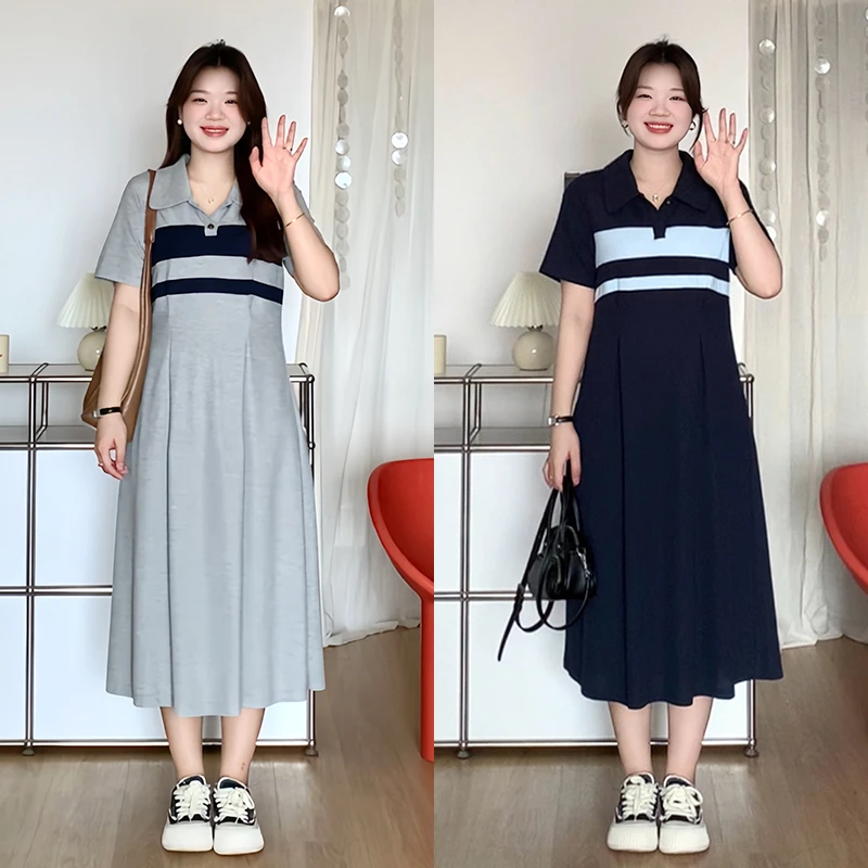 微胖的喵喵 大码mm夏季显瘦时尚休闲翻领撞色短袖连衣裙子女 2328