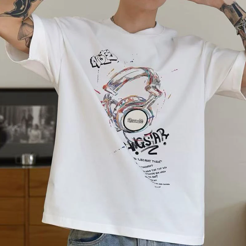 男款T恤小众圆领印花半袖潮流时尚宽松夏季ins