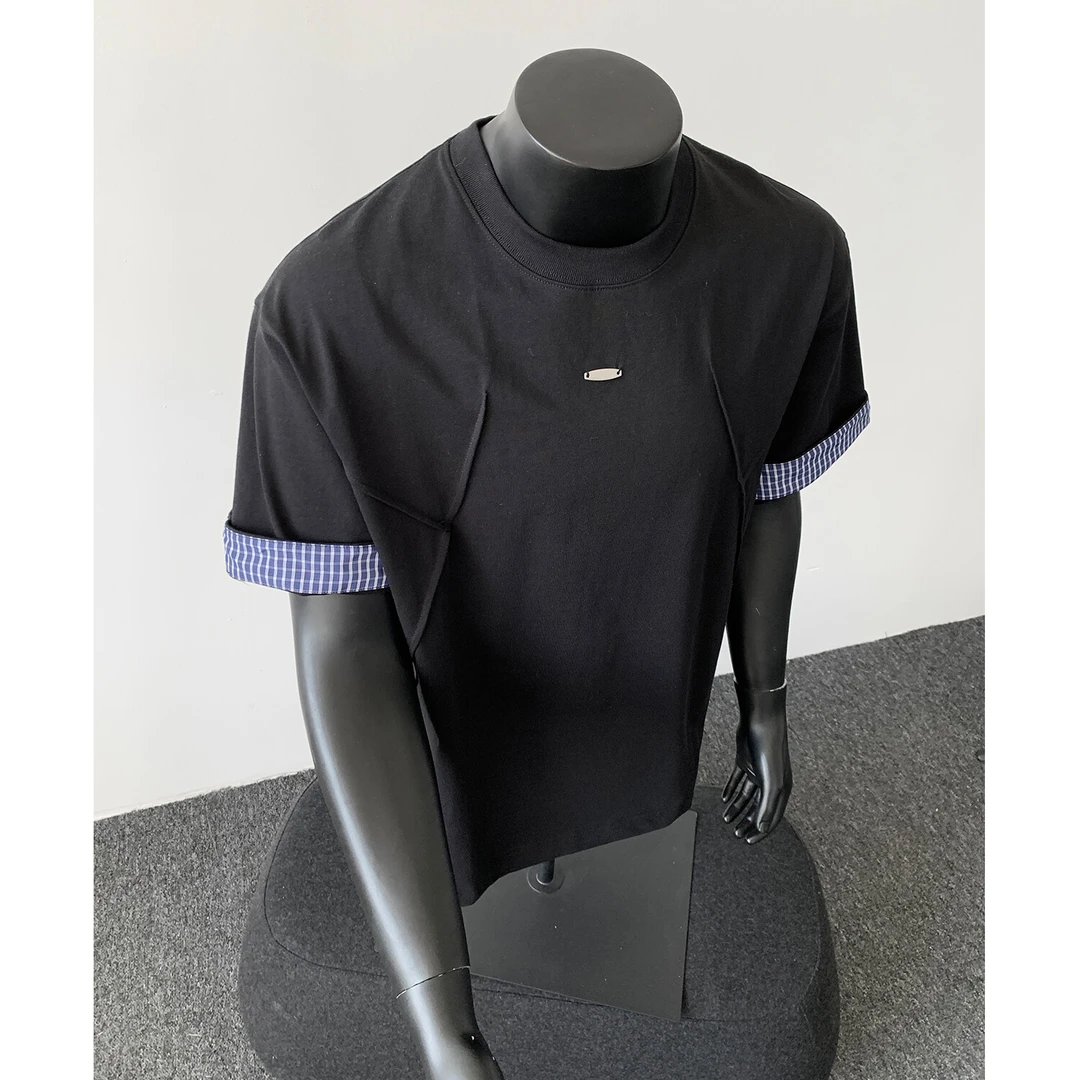 2025新款春夏格子翻边设计短袖t恤男文艺休闲美式假两件上衣半袖t