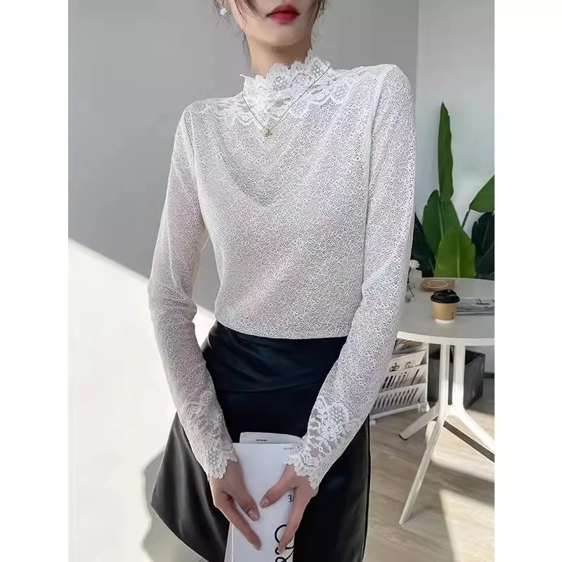 半高领蕾丝白色打底衫女春季2025年新款长袖T恤内搭上衣薄款时尚