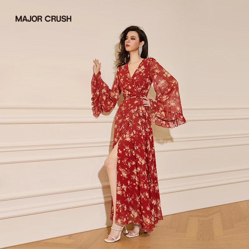 MAJOR CRUSH欧若风花枝海棠一片式红色印花名媛连衣裙喇叭袖6498