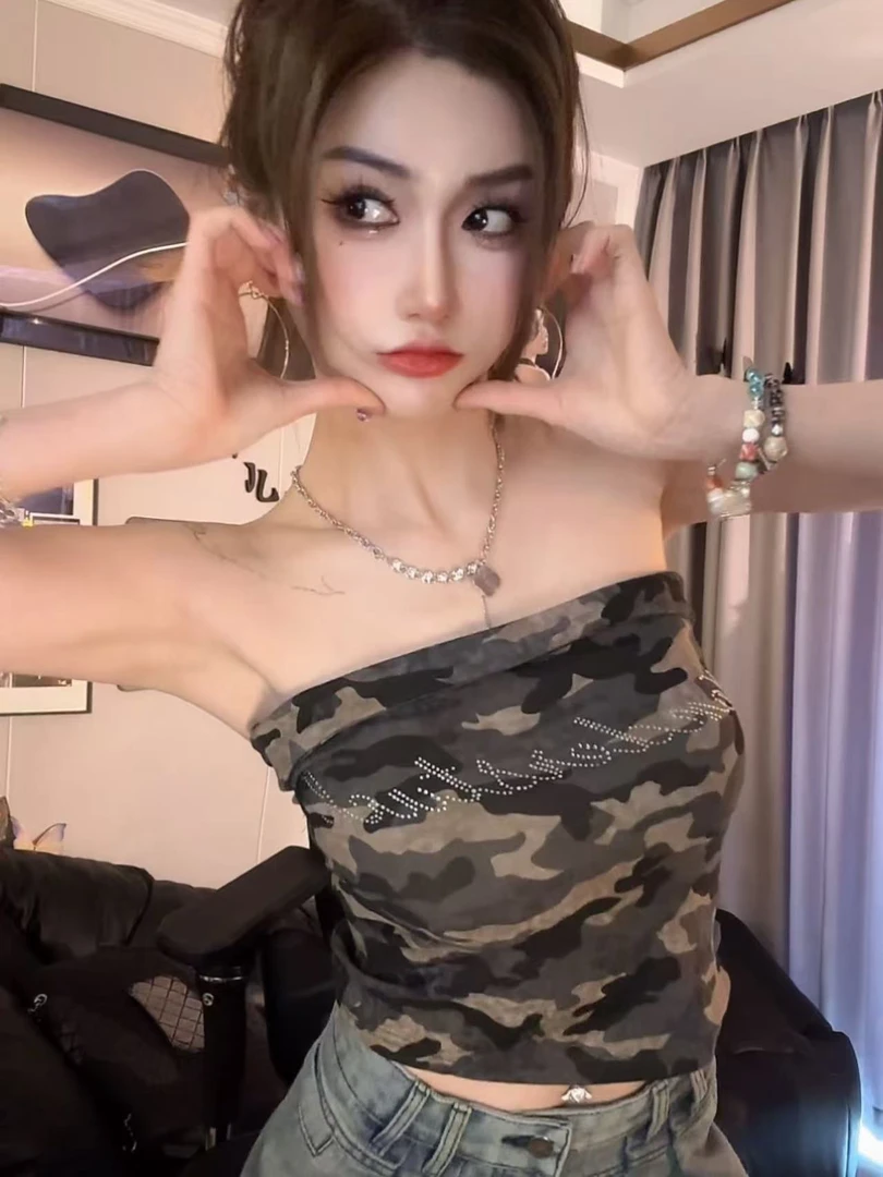 抹胸女夏季美式复古内搭迷彩裹胸外穿上衣