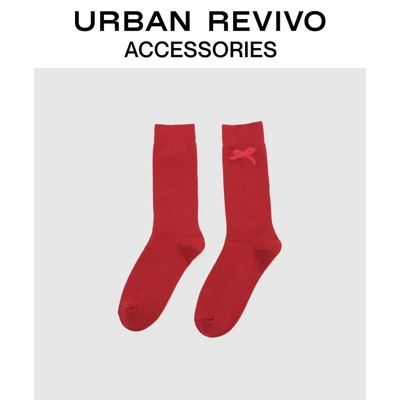 URBAN REVIVO2026春季新款女红色蝴蝶结中袜一双装UAYA60026