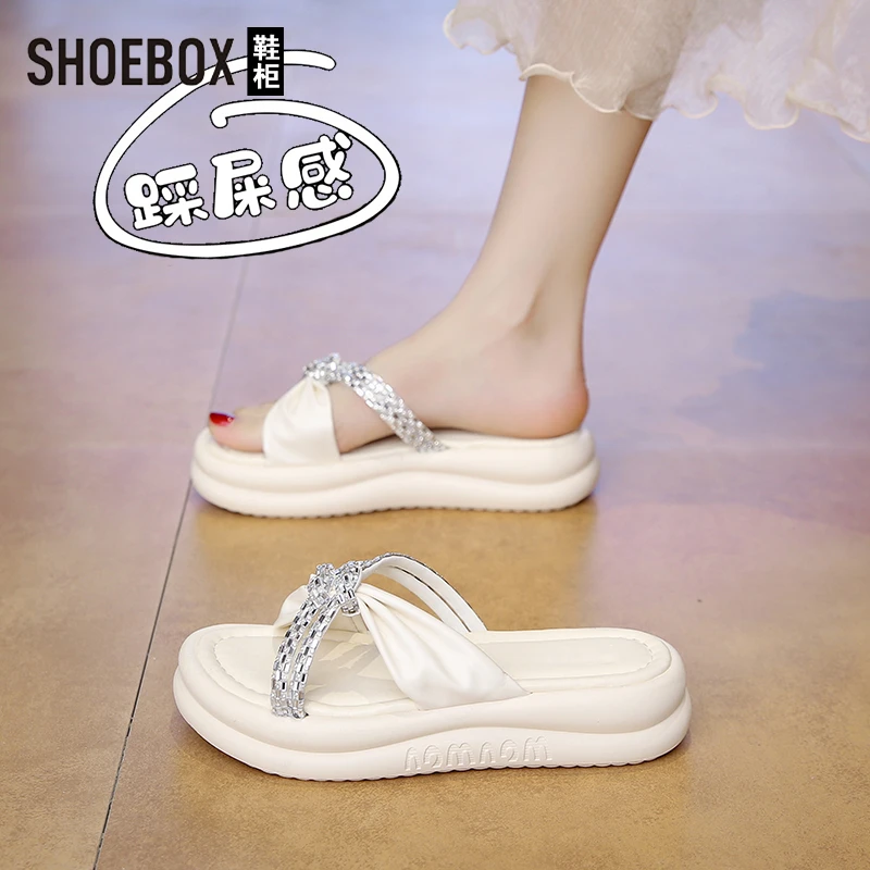 SHOEBOX鞋柜水钻厚底凉拖鞋女2025夏外穿仙女风配裙沙滩一字拖