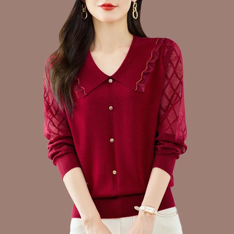 2025新款蕾丝上衣女长袖桑蚕丝针织衫秋冬装翻领时尚薄款打底小衫