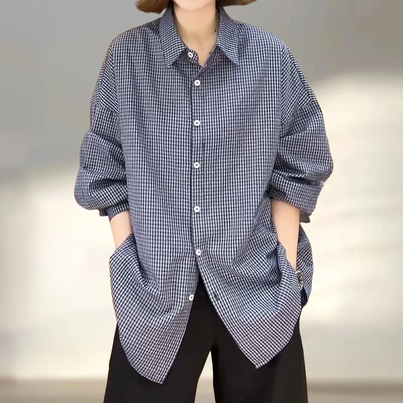 时髦格子polo领衬衫女早秋新款藏肉显瘦上衣长袖减龄洋气胖mm大码