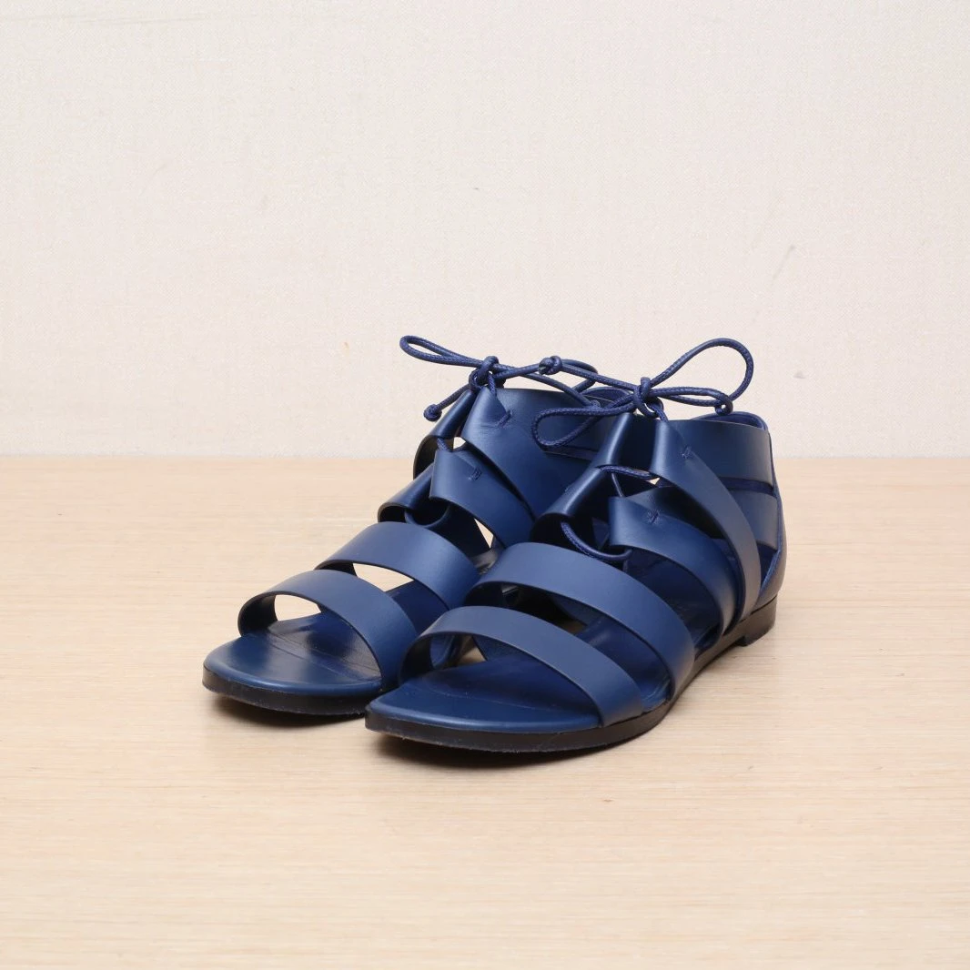 95新 Hermes/爱马仕 小花Jerry活动蓝色 皮革C 罗马鞋 36.5码