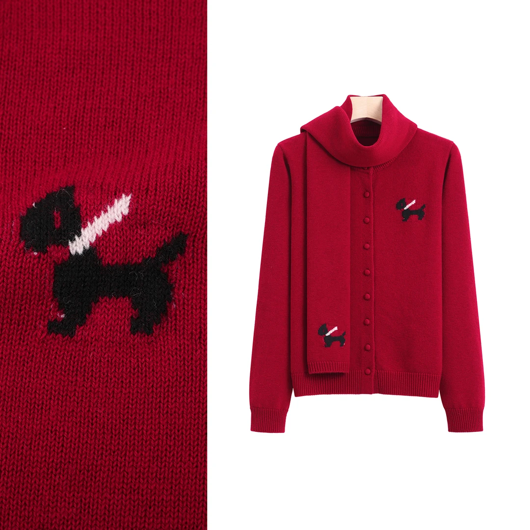 100%绵羊毛 时尚减龄围巾小狗毛衣女新款单排包扣针织开衫