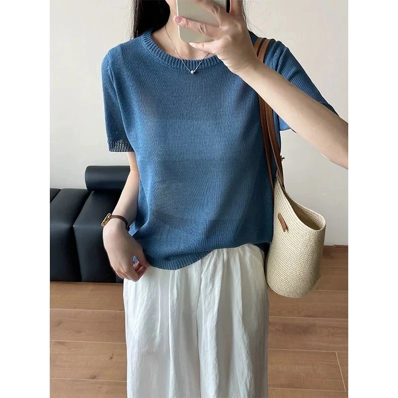 （玉姐家）和纸纱百搭短袖显瘦针织衫 新选f1074 J03836