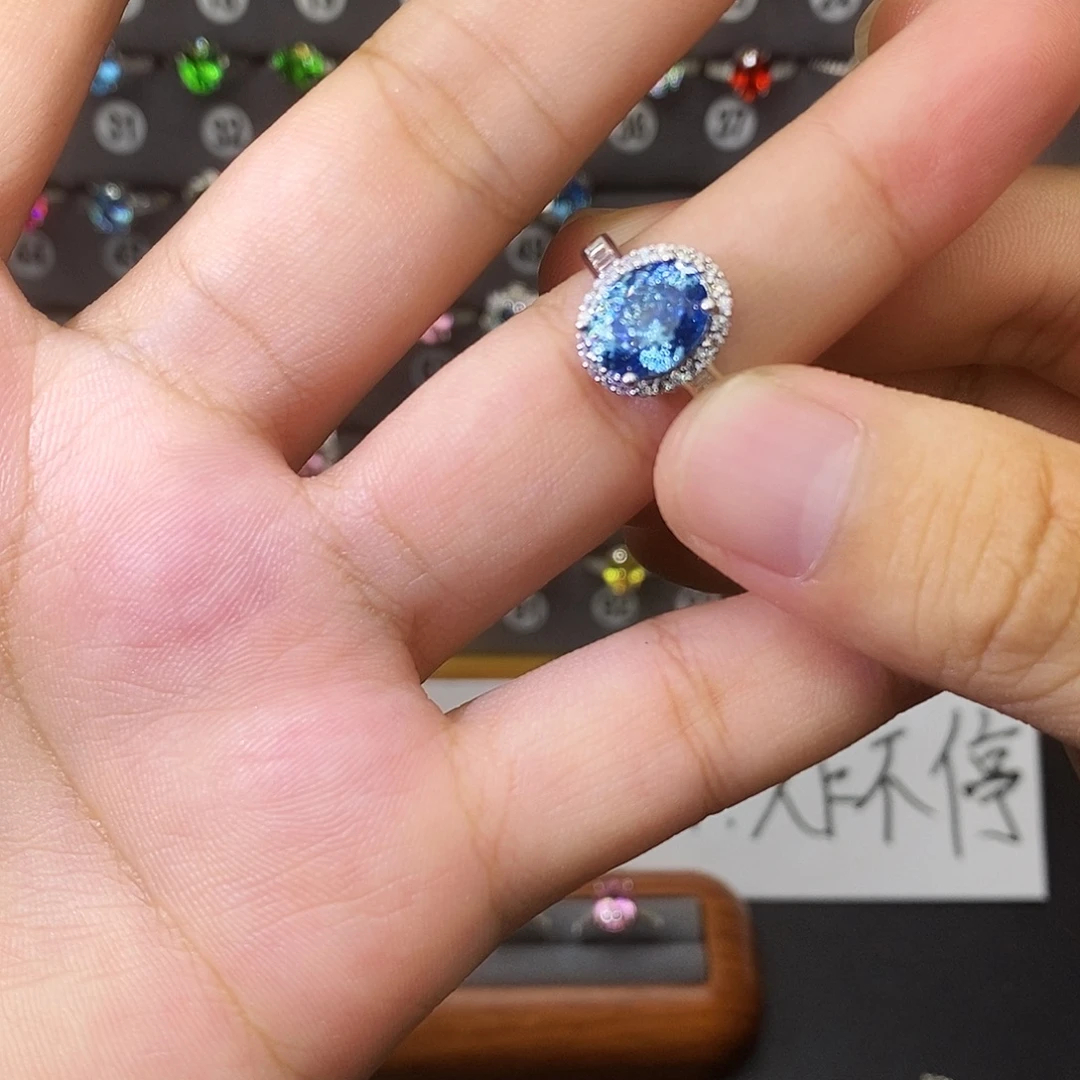 银S925镶嵌戒圈海蓝宝石