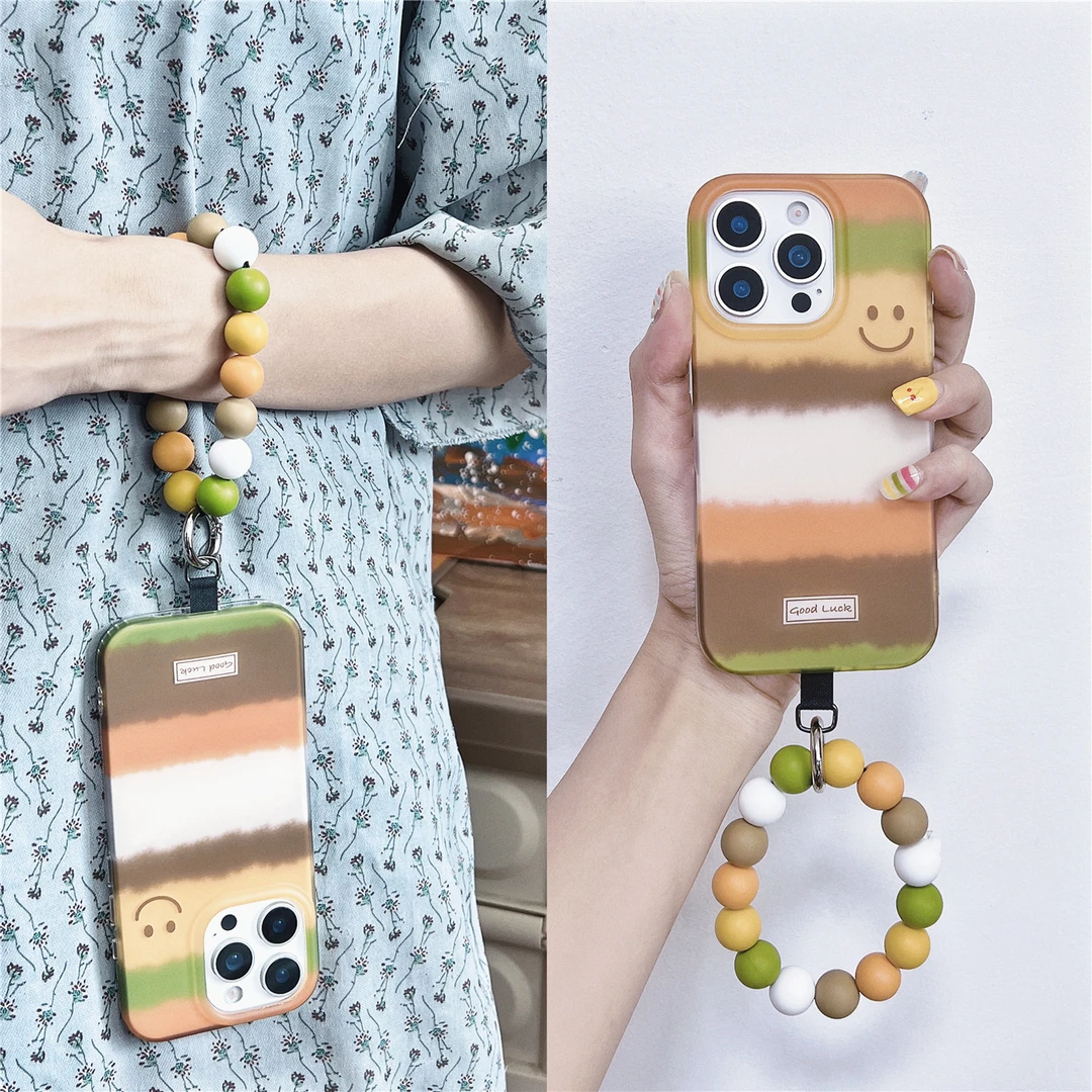 复古风韩系条纹笑脸手拎圆环适用iphone15pro手机壳苹果16/14女17