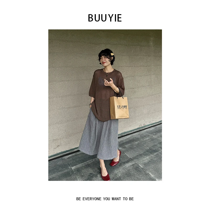 BUUYIE 25SS【檀褐】新款慵懒小众设计洋气咖色针织衫 250537