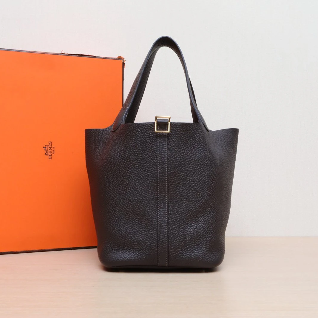 95新 Hermes/爱马仕 【小花念念】22 菜篮子 乌木色 TC皮 Z刻 金扣