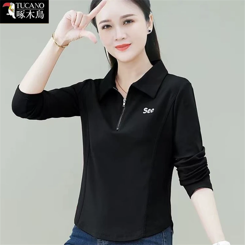 啄木鸟新款洋气减龄妈妈装上衣女春秋百搭POLO领长袖修身显瘦T恤