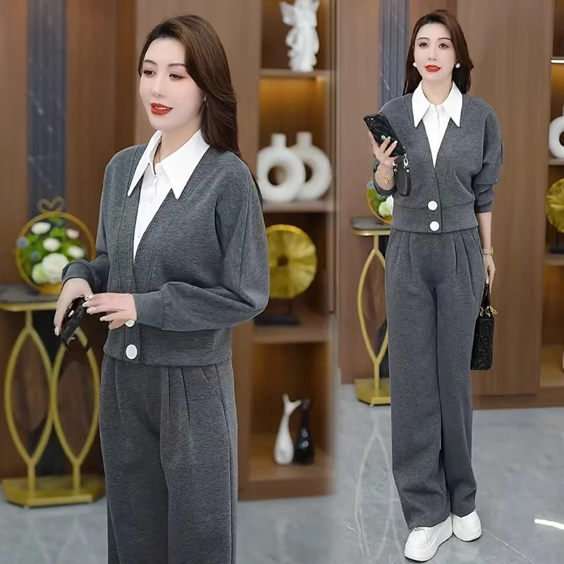 时尚套装女2025春季新款洋气显瘦遮肚子上衣休闲阔腿长裤两件套潮