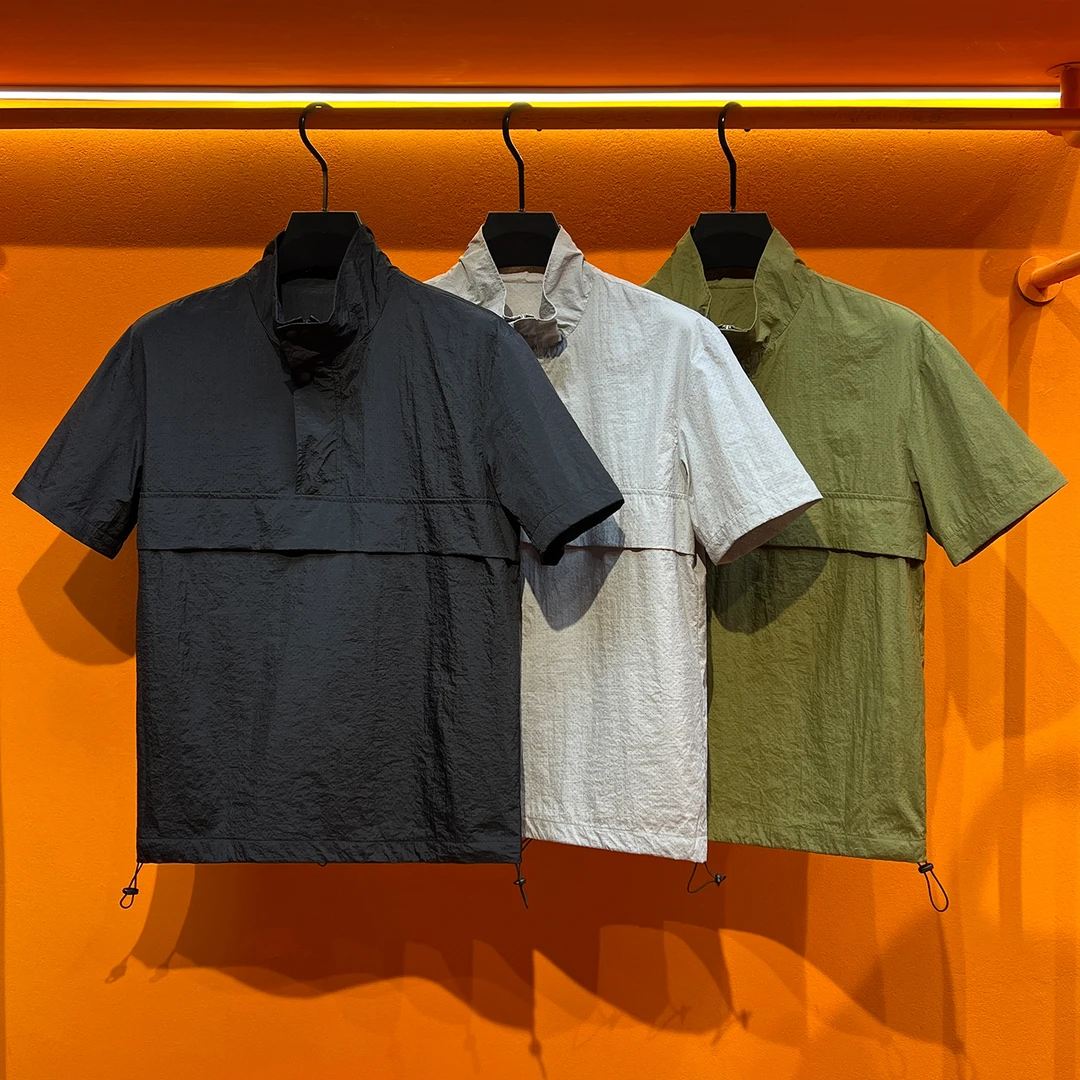 山系机能户外速干透气夏季新品宽松拼接休闲半开领短袖衬衫男