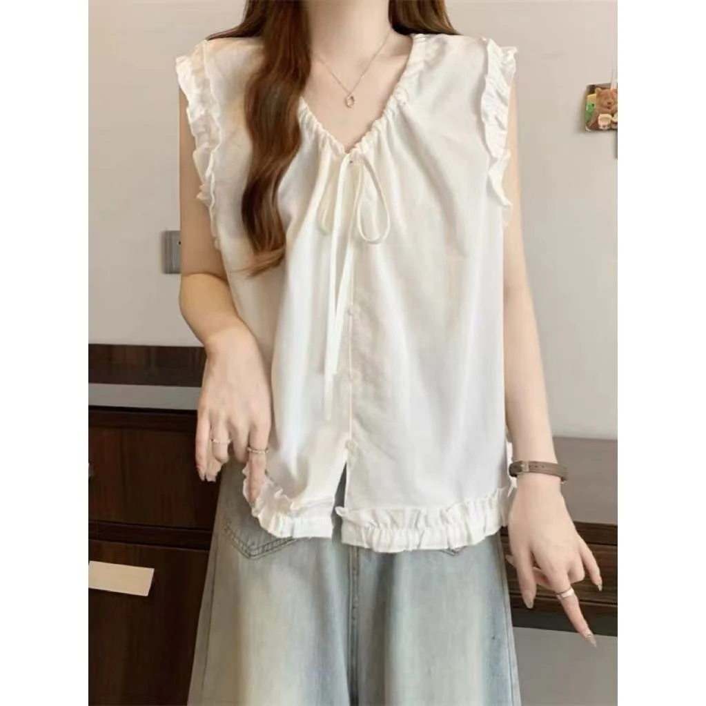 夏季新款法式高级感V领时尚小众木耳边气质无袖衬衫背心百搭上衣