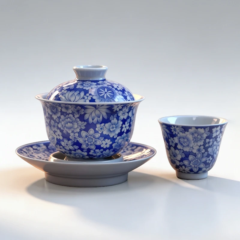 [找客服有福利]景德镇青花瓷三才盖碗手绘万花不落地 手绘主人杯