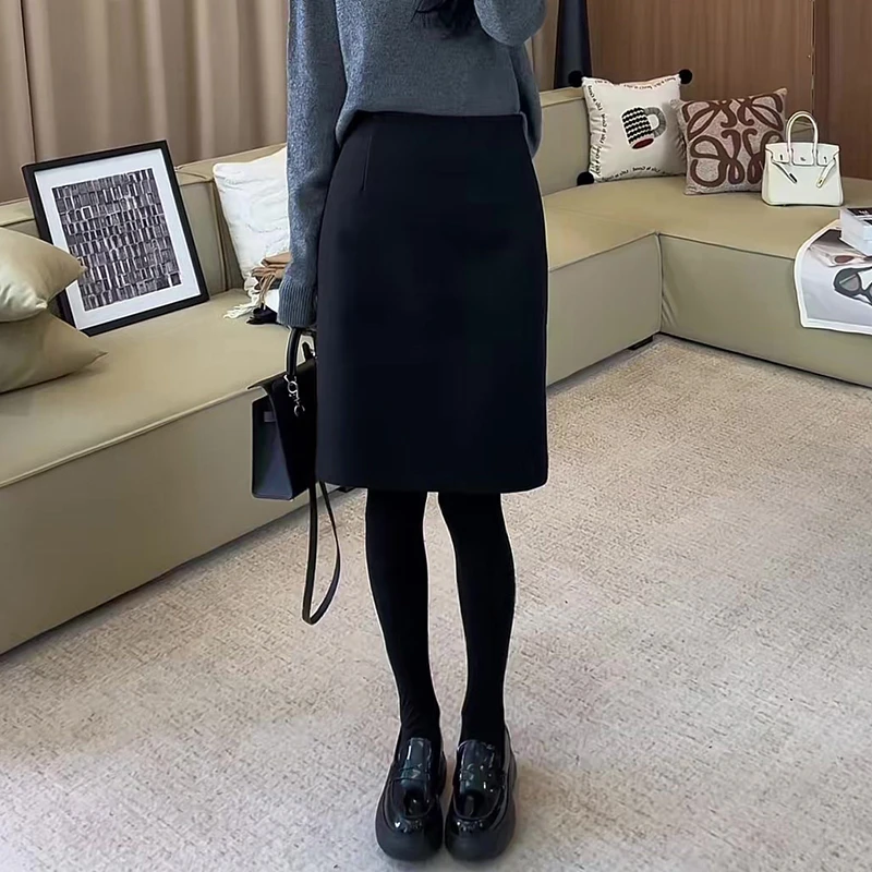 秋冬极简风毛呢半身裙女黑色气质高腰a字中长裙百搭显瘦直筒裙子