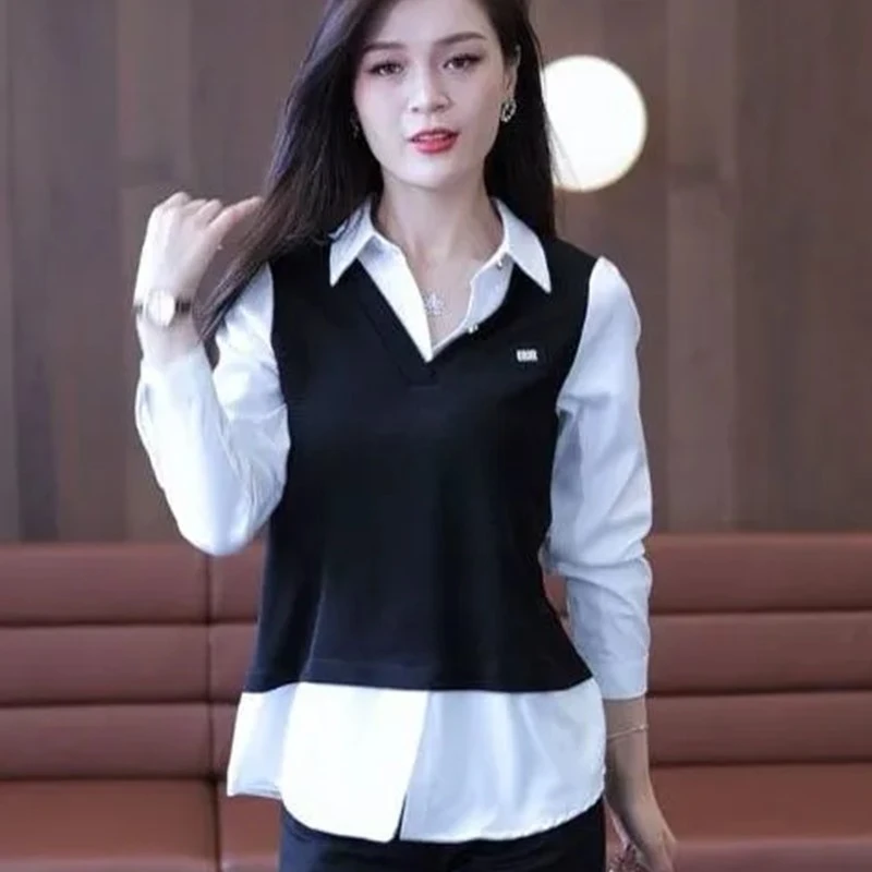 拼接不起球减龄春季气质拼色百搭宽松型衬衫显瘦