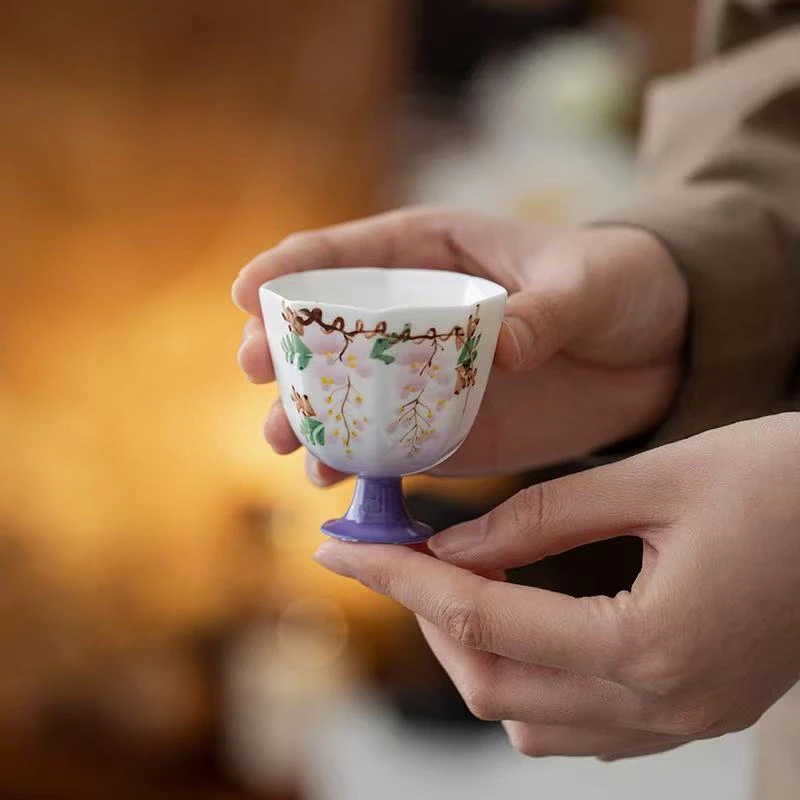 伴斤好物 仿宋六方高足茶杯功夫茶具家用手绘紫藤花品茗杯031410