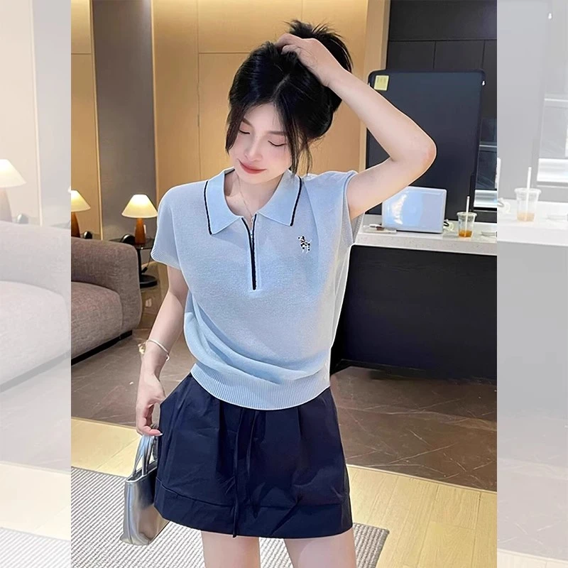 2025单穿上衣设计感小众宽松慵懒风Polo领时尚百搭针织短袖t恤夏