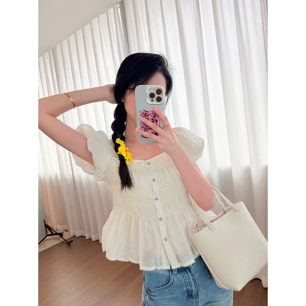 王家有鱼【嘉欣专属】夏季新款泡泡袖清新甜美百搭显瘦上衣爆款女W