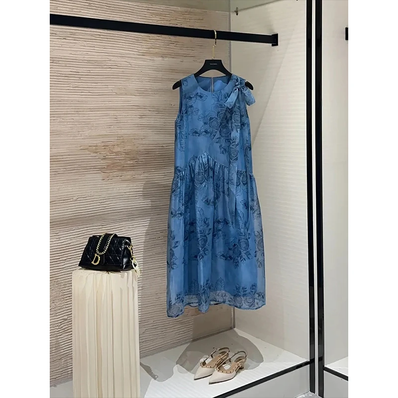 2232#度假风小众设计连衣裙2025夏季新款蓝色无袖垂感拼接A字裙