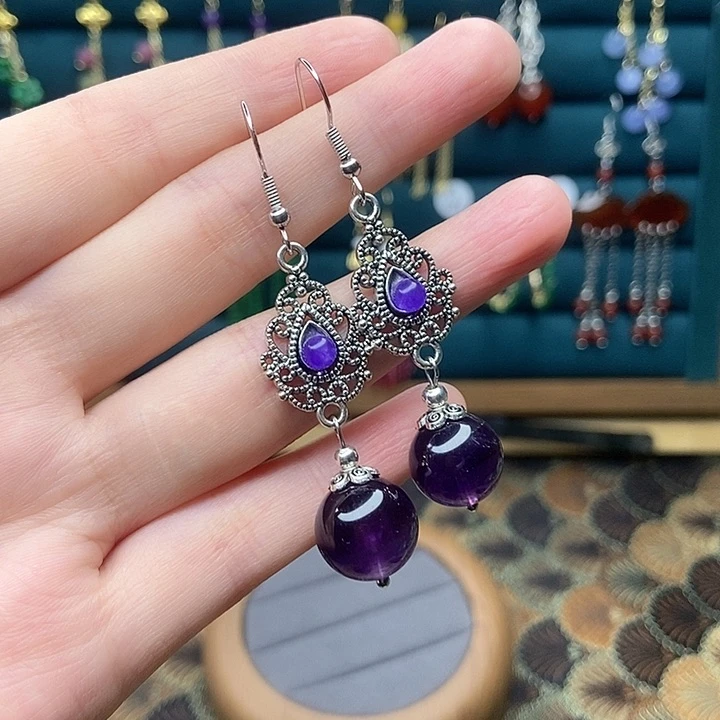 石英质玉耳钉银S925镶嵌