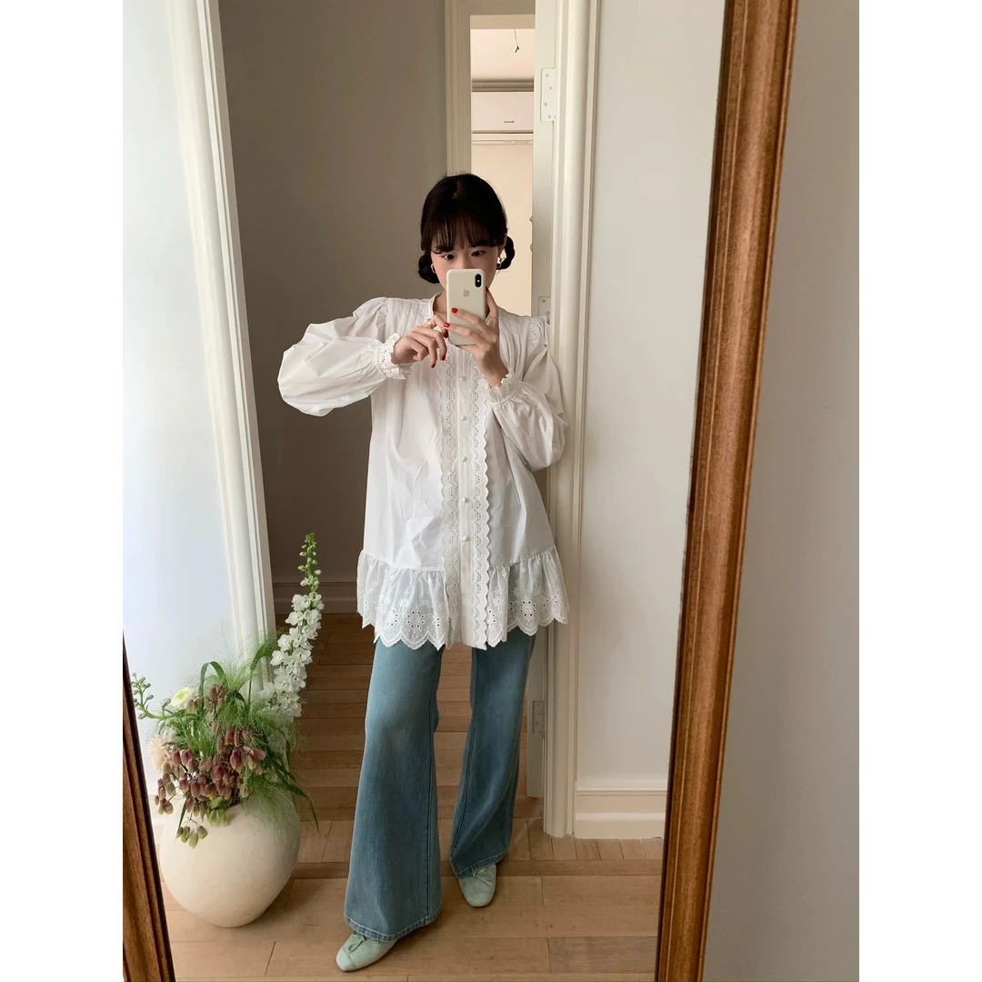 法式复古风百搭花边衬衫连衣裙