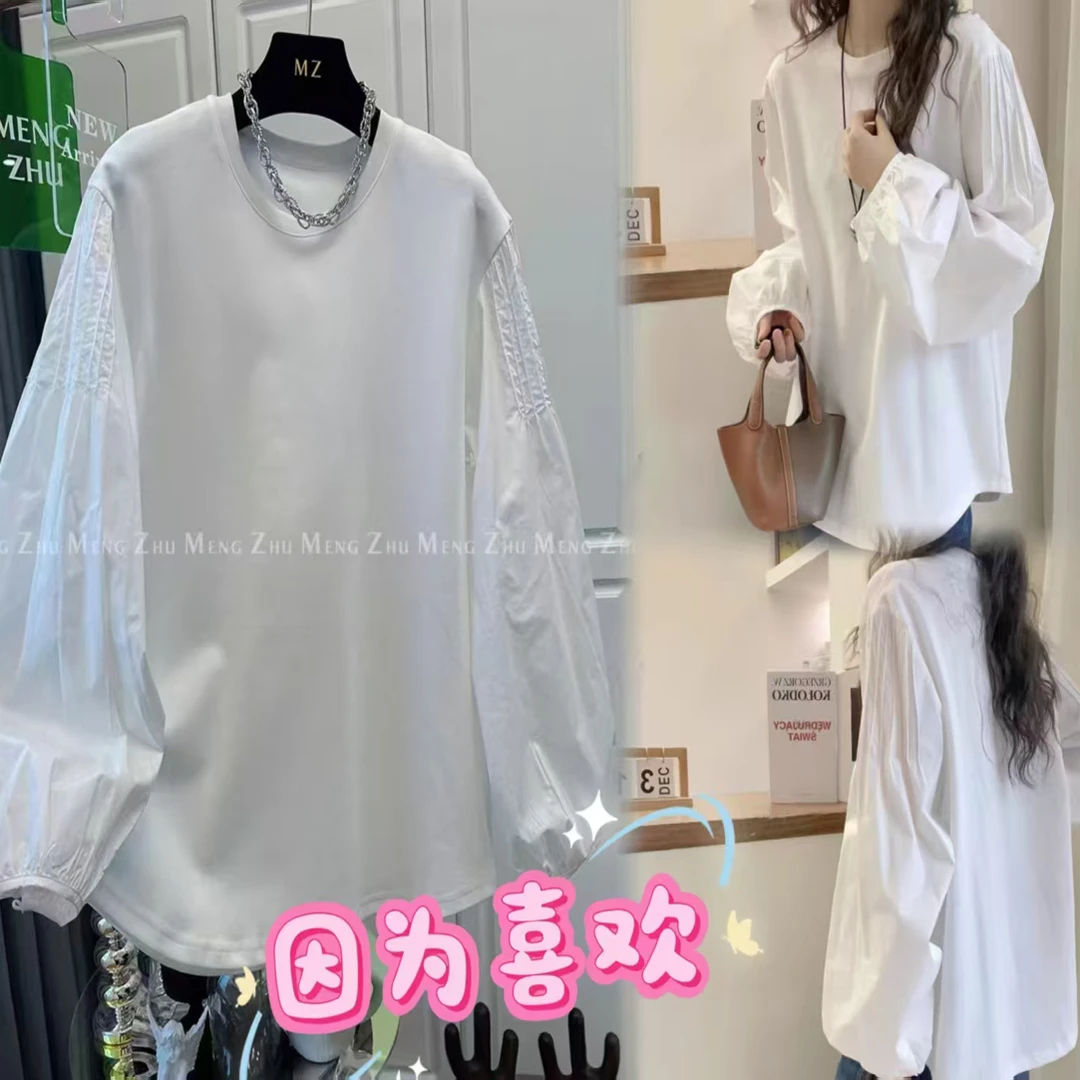 【丽鑫】新款圆领侧开叉袖子拼接衬衫T恤