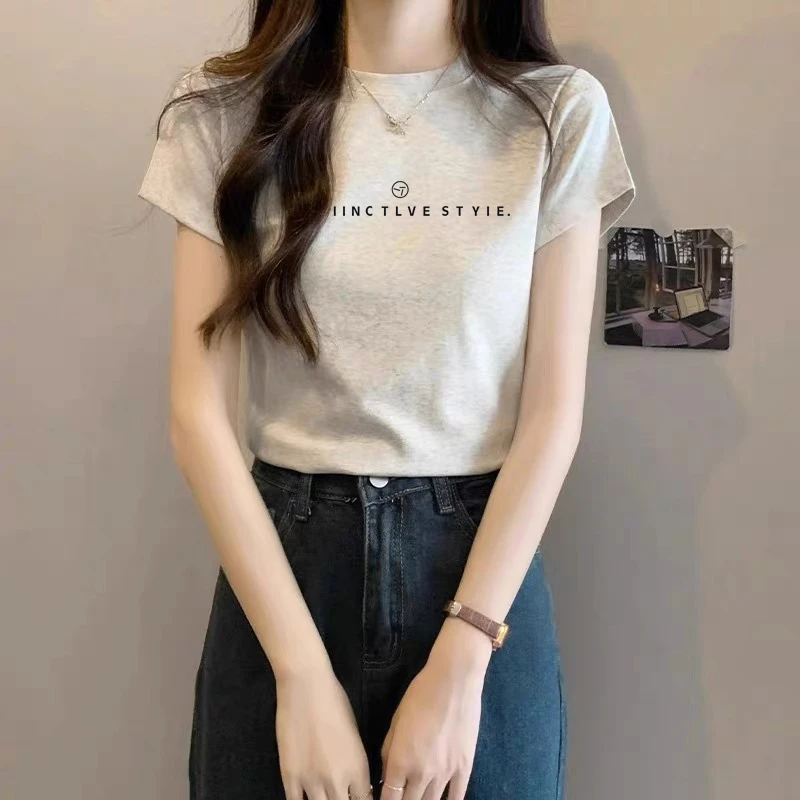 夏季薄款2025年新款正肩纯棉短袖t恤女百搭洋气灰色上衣打底衫潮