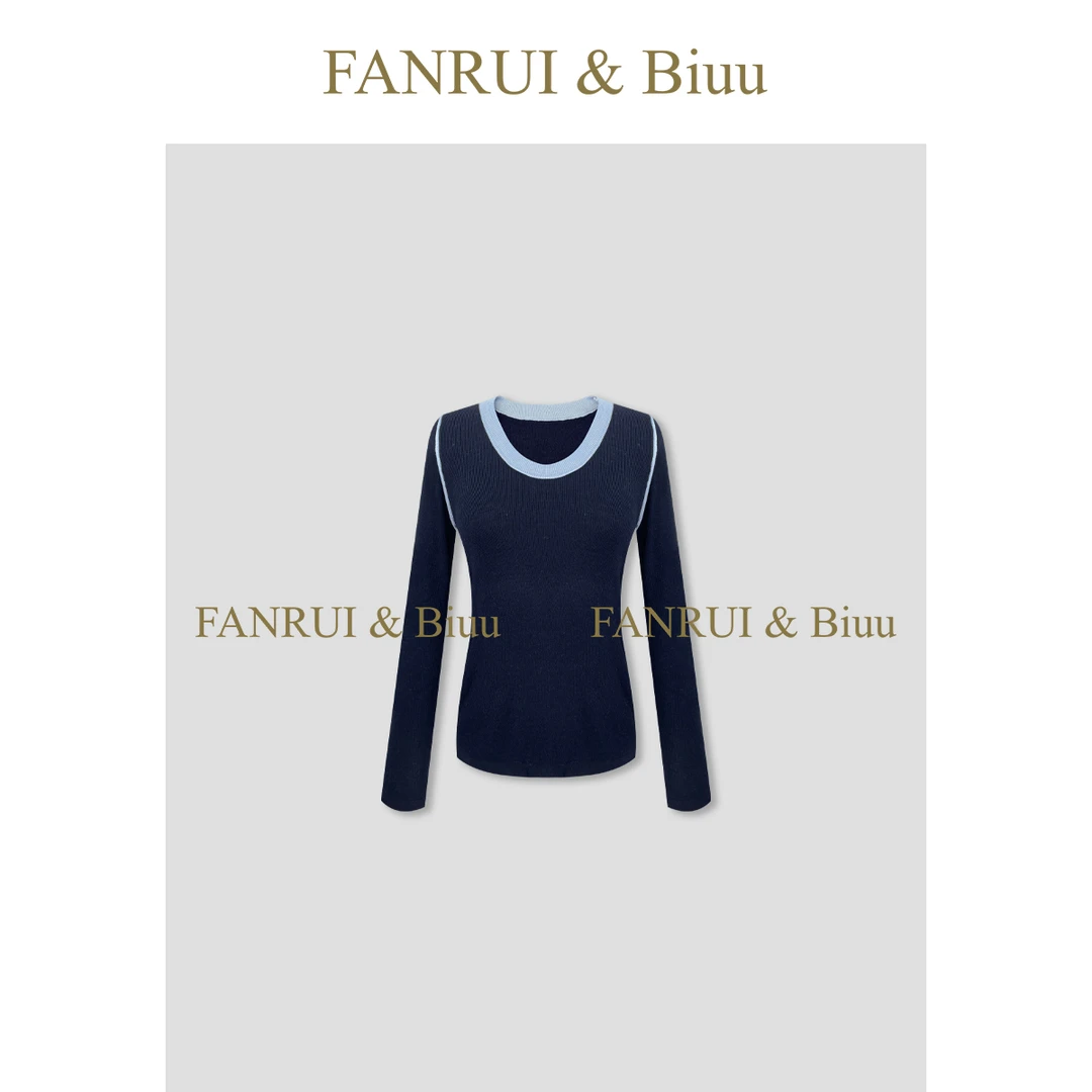 FANRUI/泛芮「贝贝biuu」羊毛混纺拼色线条洋气显瘦针织衫女B17742