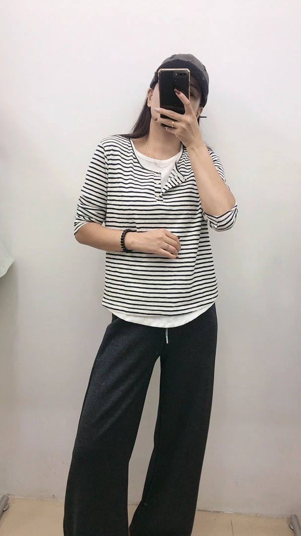 显瘦条纹秋款T恤纯欲辣妹风韩版圆领长袖青果领常规