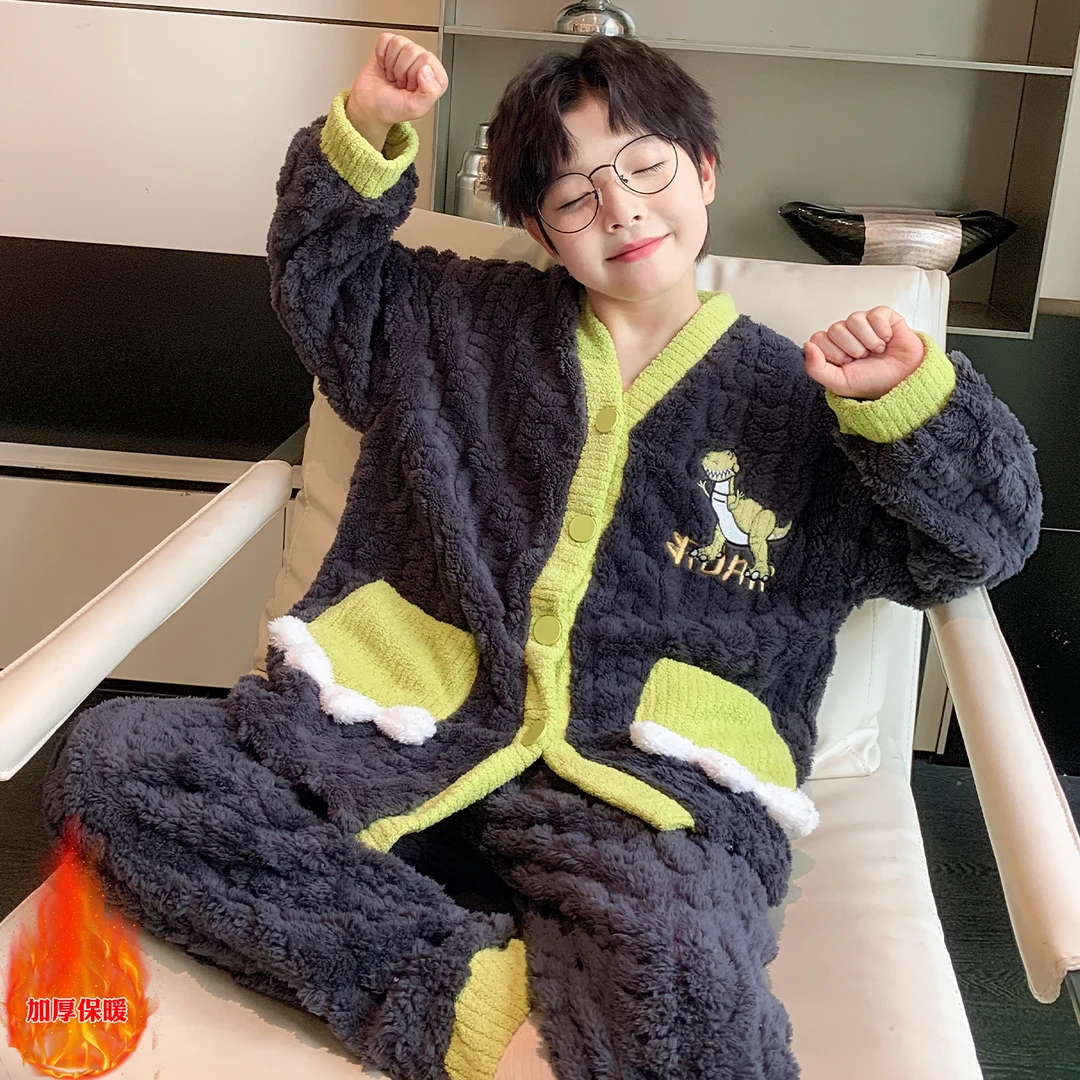 儿童装男童睡衣秋冬款加绒冬季加厚珊瑚绒法兰绒中大童男孩家居服