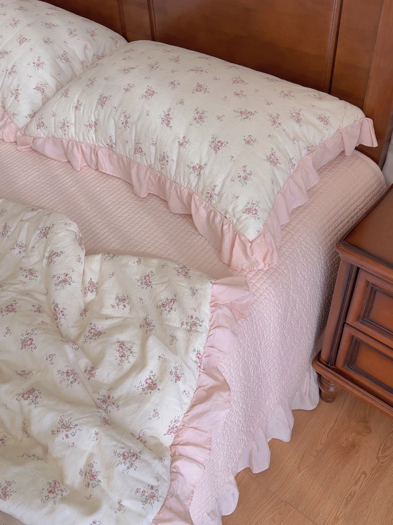 【美琳】可可西里 韩式双面棉麻小碎花柔软床盖 荷叶边多功能被套