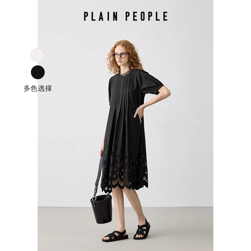 PLAIN PEOPLE法式镂空蕾丝花边圆领泡泡袖连衣裙女2025夏新款