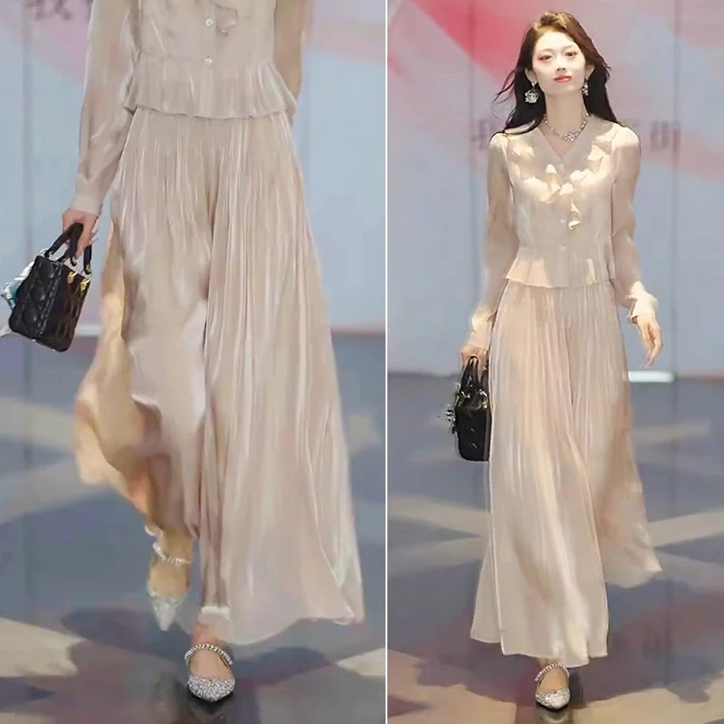 拉夏贝尔气质流光纱裙裤女2025年夏季高腰垂感阔腿薄款飘逸大摆裤