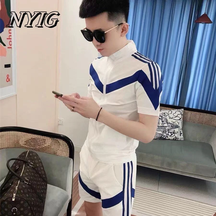 NYIG潮流条纹运动套装男2024夏季新款休闲时尚短袖短裤搭配两件套