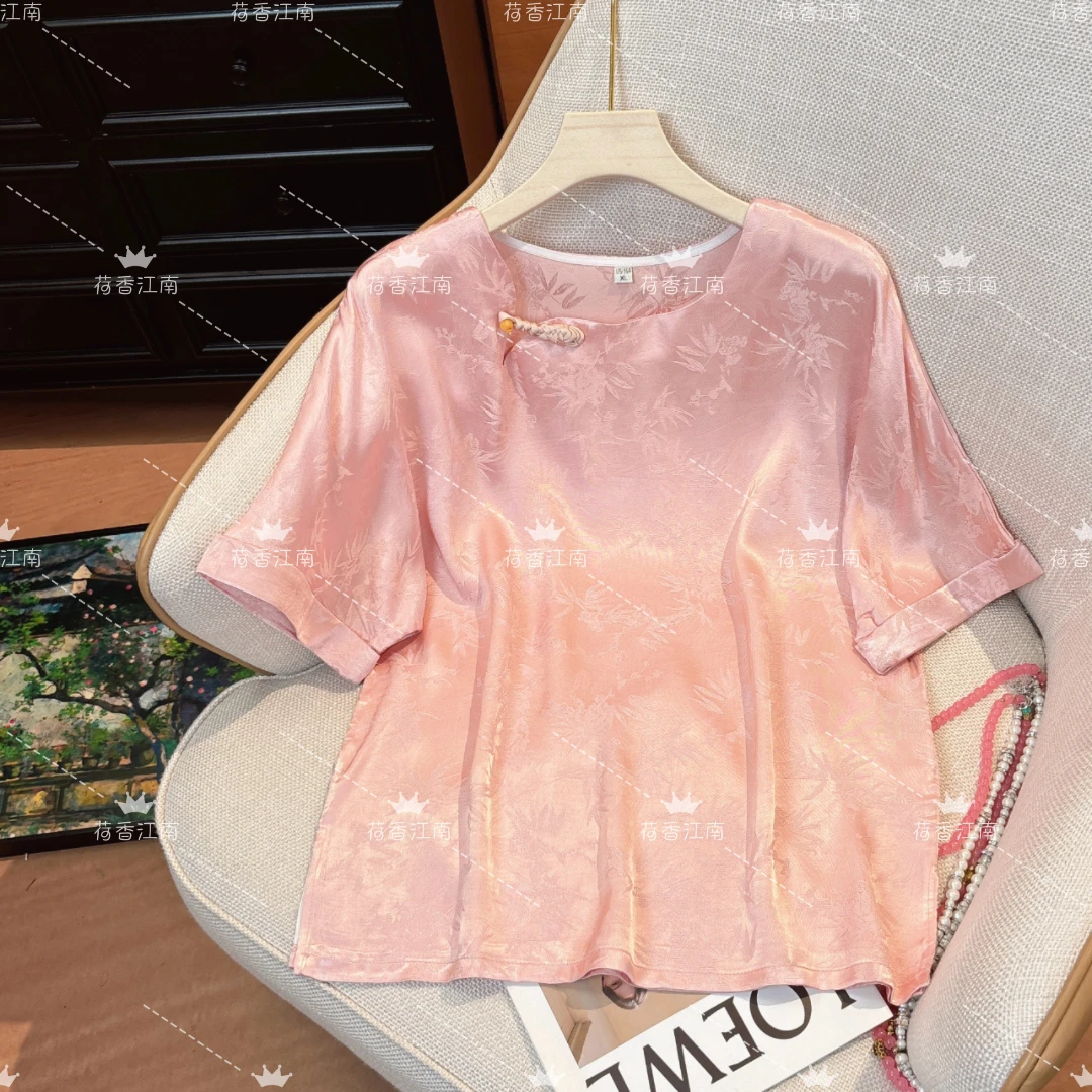 【琵琶乐】新中式重磅提花琵琶盘扣气质优雅国风短袖2025夏百搭上衣