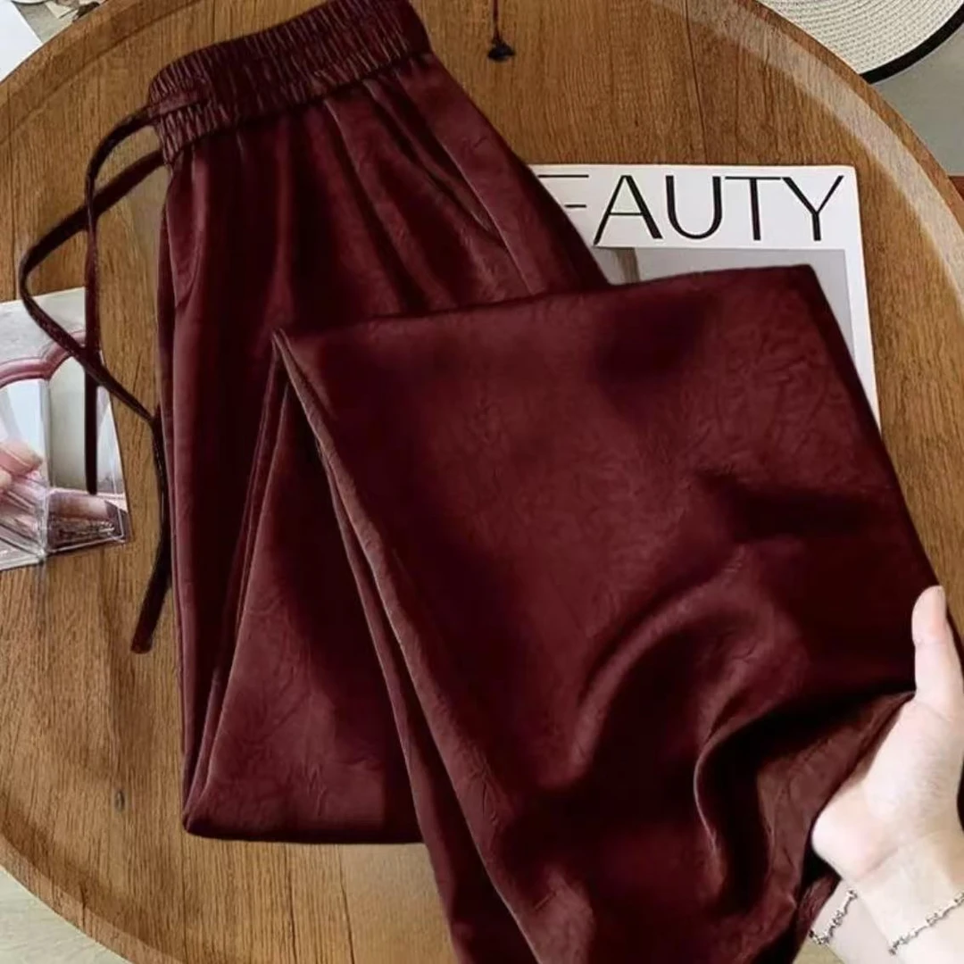 COCO LILY 国风醋酸缎面压皱直筒裤女夏季新款薄款凉凉裤显瘦2528