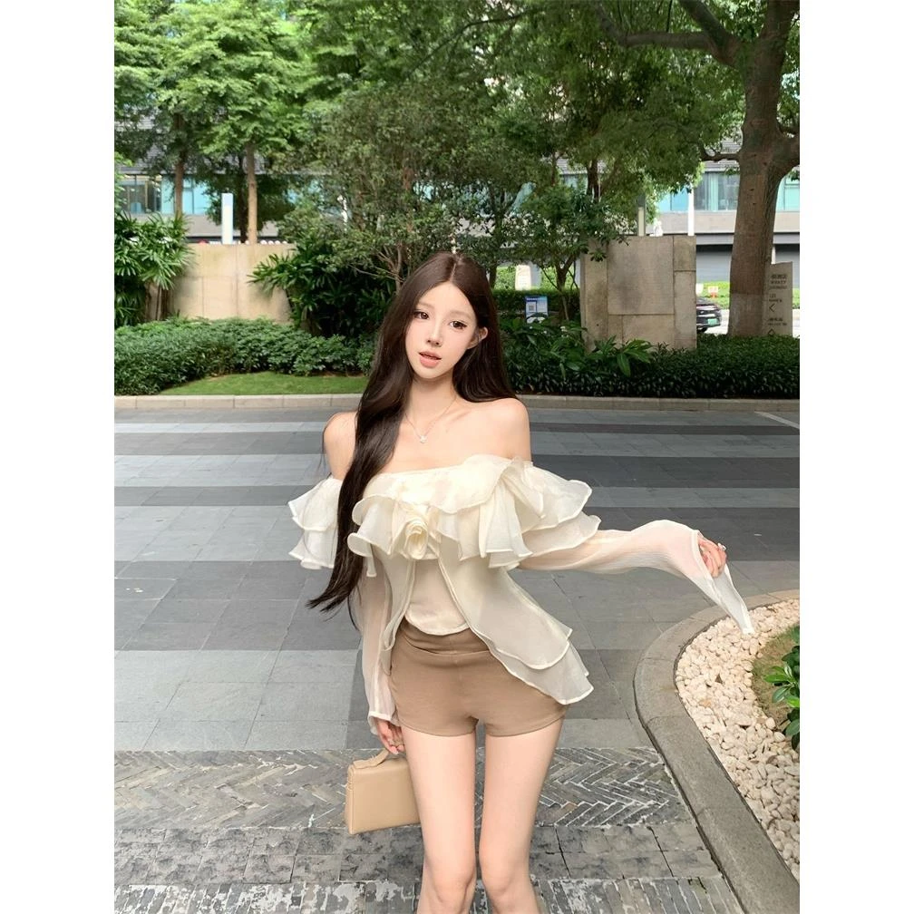 不规则假两件雪纺衬衫女秋季巨好看法式绝美一字肩上衣荷叶边衬衣