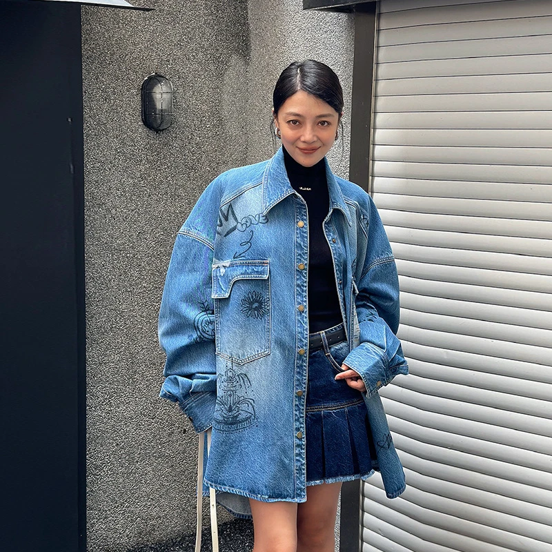 ledim wang涂鸦牛仔衬衫外套女2024新款高级慵懒松弛感印花衬衣