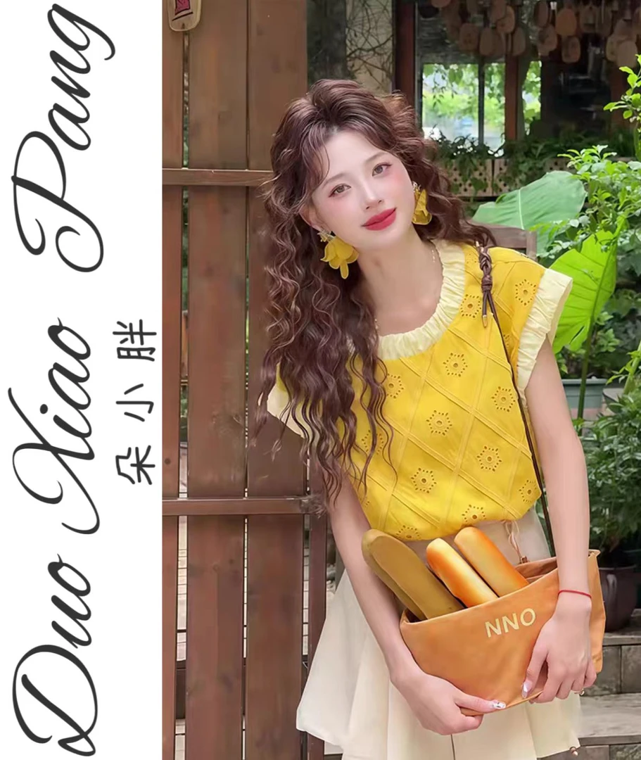 麦穗黄昏港风复古圆领镂空衬衫宽松格纹上衣